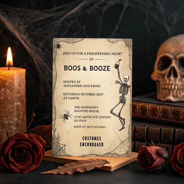 Vintage Skeleton & Booze Adult Halloween Party Invitation (Creator Uploaded)