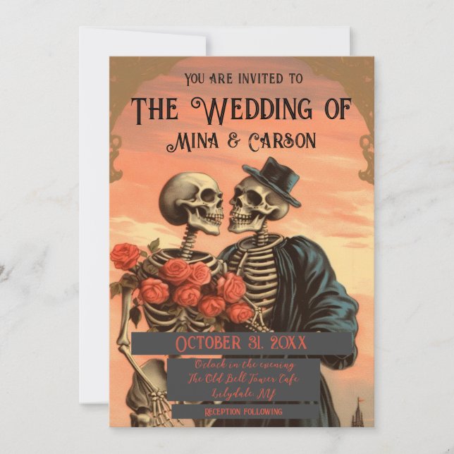 Vintage Skeleton Couple Goth Wedding QR Invitation (Front)