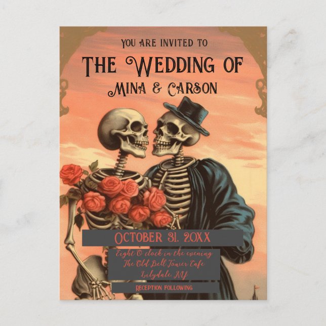 Vintage Skeleton Couple QRC Postcard Wedding (Front)