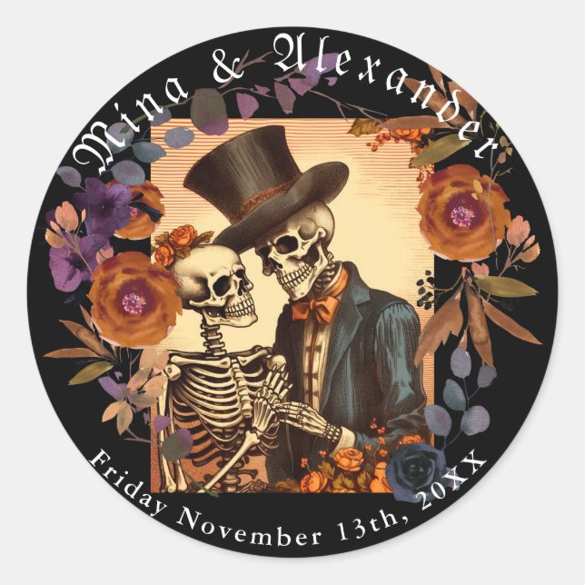 Vintage Skeleton Couple Wedding Classic Round Sticker (Front)