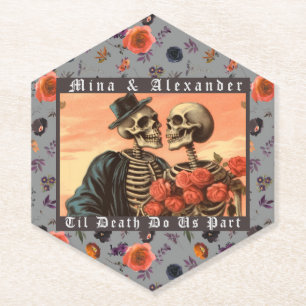 Vintage Skeleton Goth Dark Floral Wedding Paper Coaster