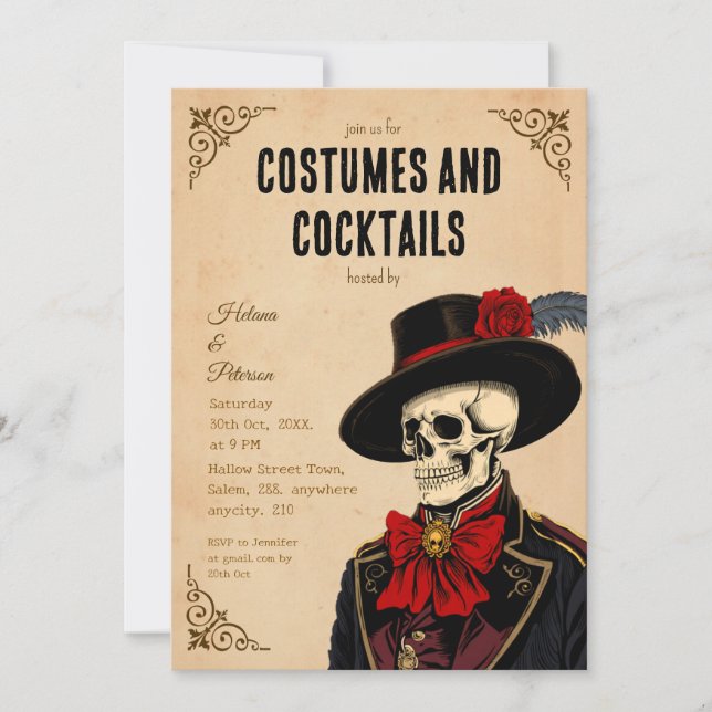 Vintage Skeleton Halloween Costumes and Cocktails  Invitation (Front)