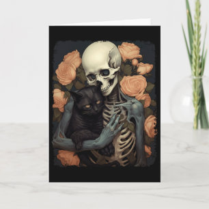 Vintage Skeleton Holding A Black Cat Halloween Got Card