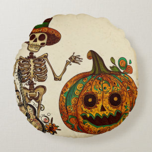 Vintage Skeleton/Pumpkin Day of the Dead Round Pillow
