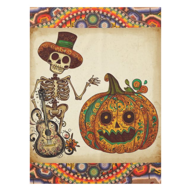 Vintage Skeleton/Pumpkin Day of the Dead Tablecloth (Front)