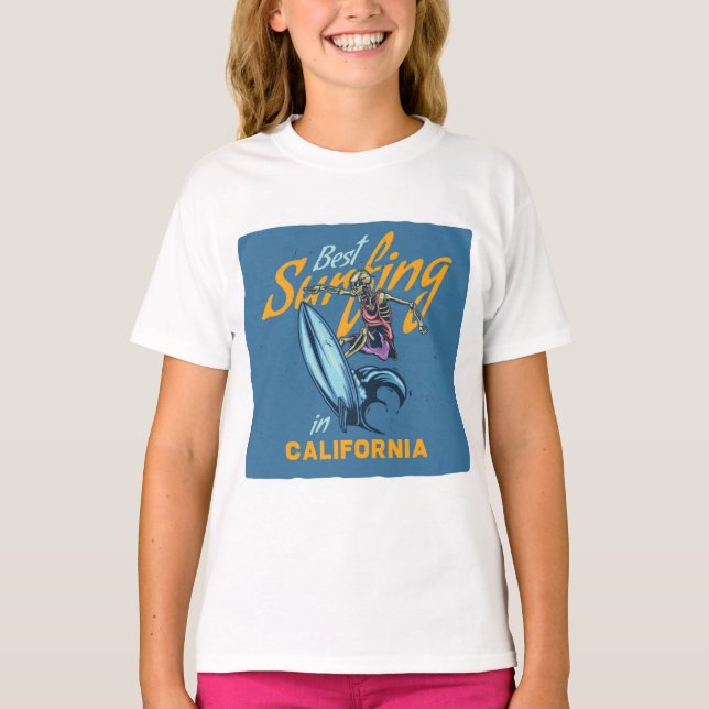 Vintage Skeleton Surfing California Beach T-Shirt (Front)