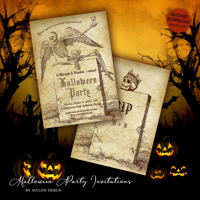 Vintage Skeleton Tombstone Gothic Halloween Party Invitation (Creator Uploaded)