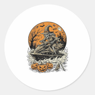 Vintage Skeleton Witch Halloween Jet Ski Shirt Des Classic Round Sticker