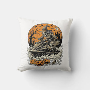 Vintage Skeleton Witch Halloween Jet Ski Shirt Des Throw Pillow