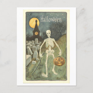 Vintage Skeleton with Pumpkin Halloween Postcard