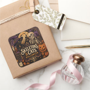 Vintage Skeletons and Cats Halloween Square Sticker