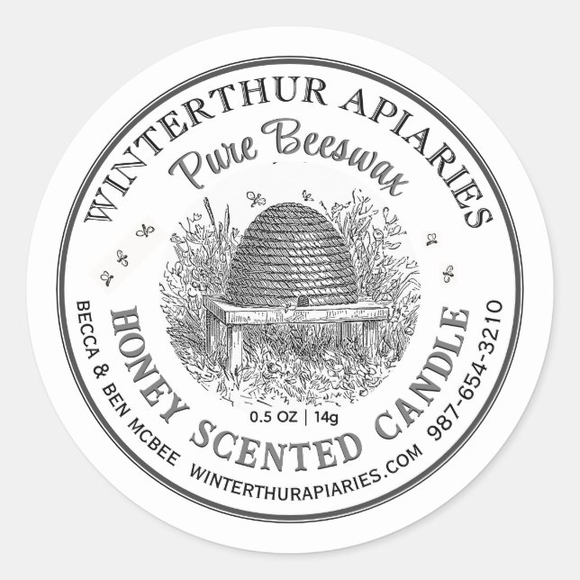  Vintage Skep Pure Beeswax Candle Label White (Front)