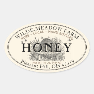 Vintage Skep Pure Local Hand Bottled Raw Honey Oval Sticker