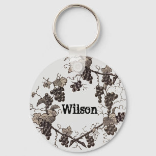 Vintage Sketch Black and White Leaves Grapes Keychain