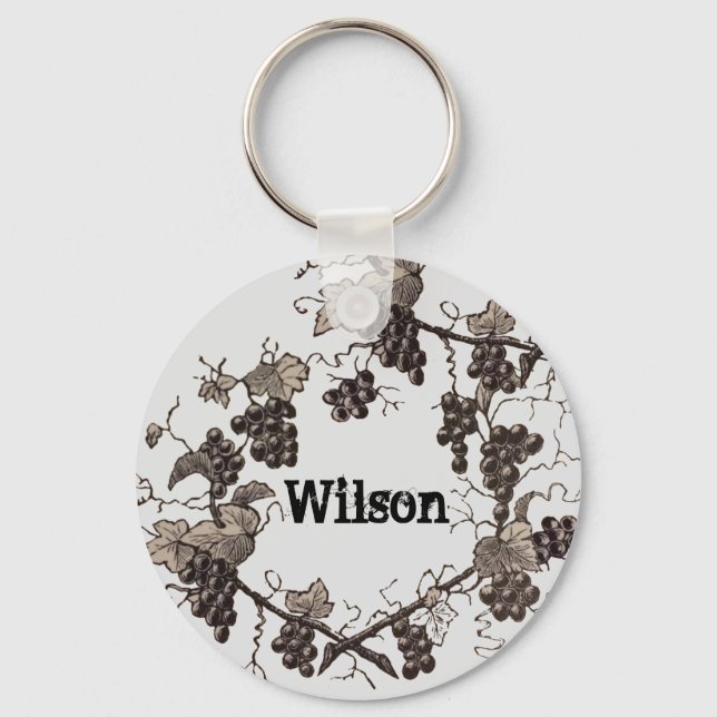 Vintage Sketch Black and White Leaves Grapes Keychain (Front)