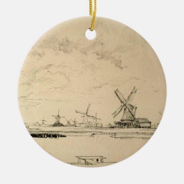 Vintage Sketch of Windmills Ceramic Ornament (Front)