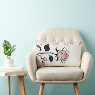 Vintage Sketch Pink Rose Lumbar Throw Pillow