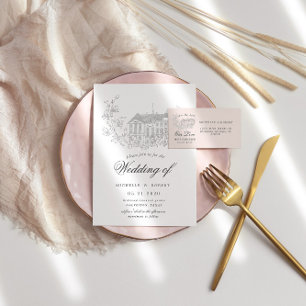 Vintage Sketched Floral Destination Wedding Invitation