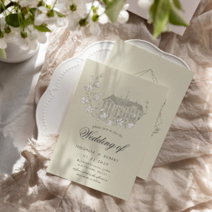 Vintage Sketched Florals Destination Wedding Invitation