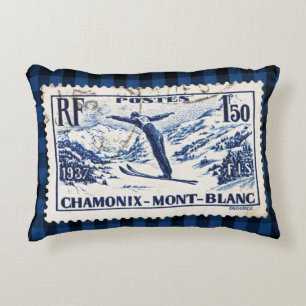 Vintage Ski Chamonix-Mont Blanc Postal Stamp Accent Pillow