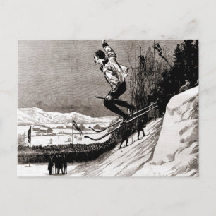 Vintage ski image, jumping towards the finish postcard