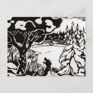 Vintage ski image, Snow scene woodcut Postcard