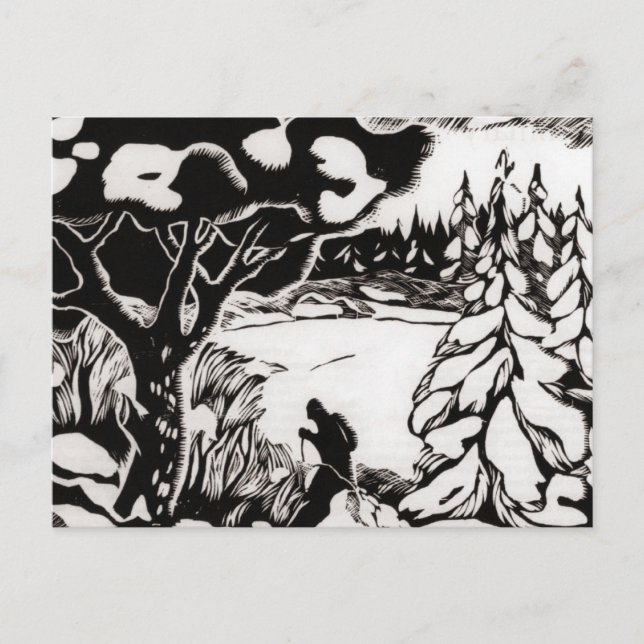 Vintage ski  image,  Snow scene woodcut Postcard (Front)