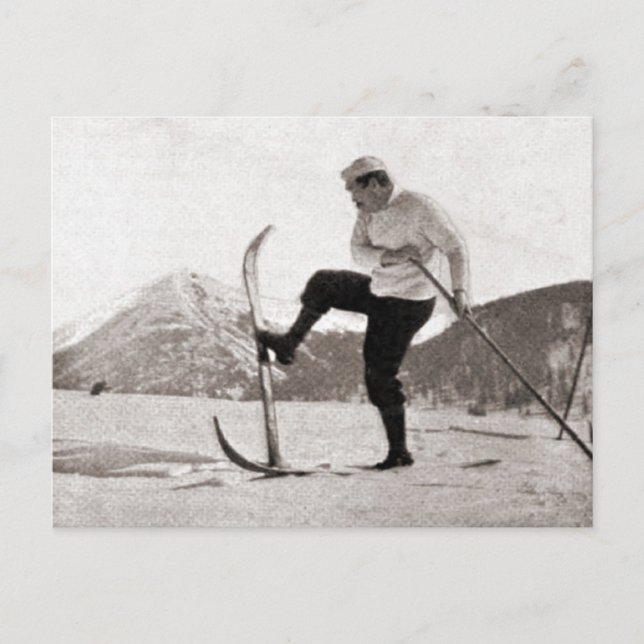 Vintage ski  image, Wooden skis, single pole Postcard (Front)