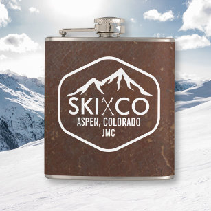 Vintage Ski Mountain Aspen CO Monogram Leather Hip Flask