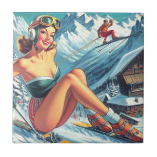 Vintage Ski Pin Up Tile