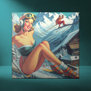 Vintage Ski Pin Up Tile