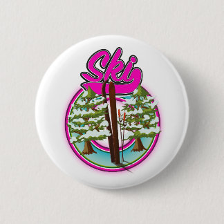 vintage ski pink logo 2 inch round button