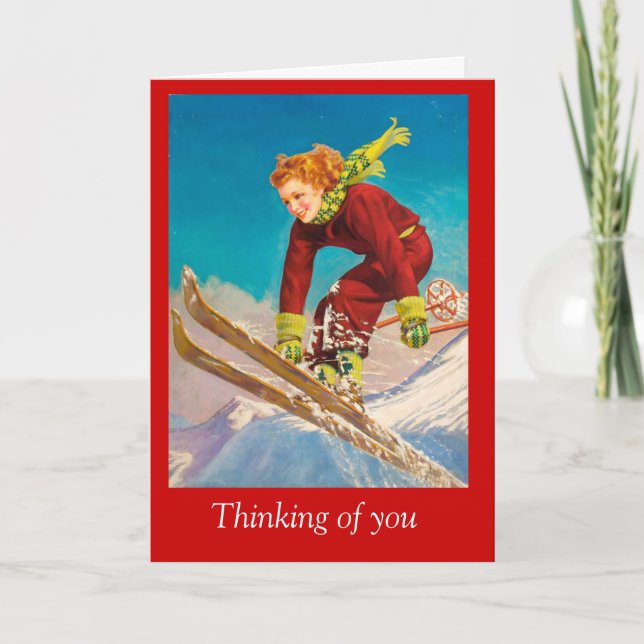 Vintage Ski Poster, Lady downhill skier Card (Front)
