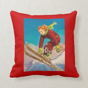 Vintage Ski Poster, Lady downhill skier Throw Pillow