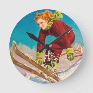 Vintage ski poster, lady ski jumper round clock