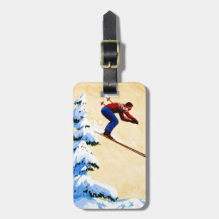 Vintage Ski Poster, Ski jumper and pine trees Luggage Tag