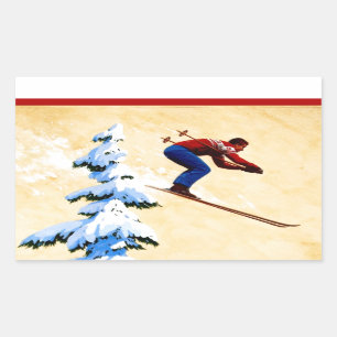 Vintage Ski Poster, Ski jumper and pine trees Sticker