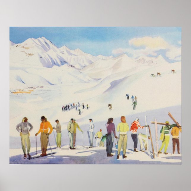 Vintage ski poster,   Skiers on the mountain Poster (Front)