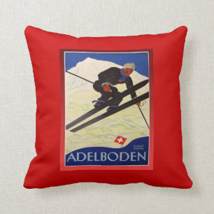 Vintage Ski Poster, Switzerland, Adelboden Throw Pillow