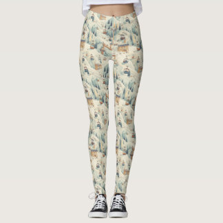 Vintage Ski Slope Cabins in Soft Pastels Leggings