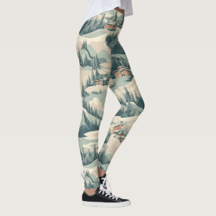 Vintage Ski Slope Cabins in Woods Blue Leggings