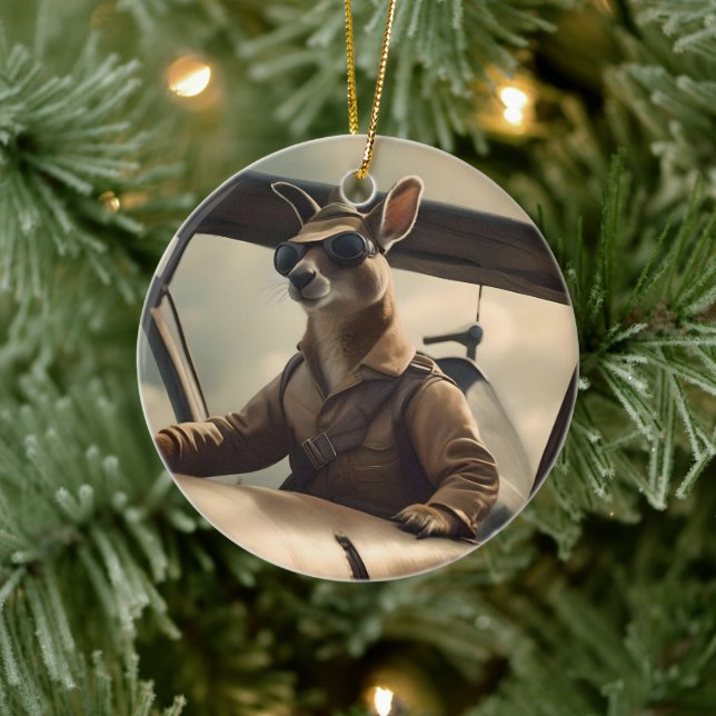 "Vintage Skies: The Kangaroo Pilot in Old Plane Ceramic Ornament (Tree)