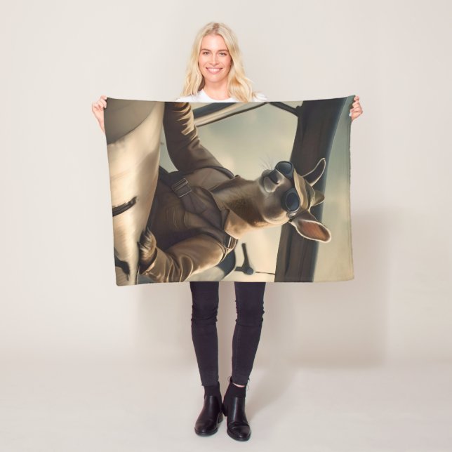 "Vintage Skies: The Kangaroo Pilot in Old Plane Fleece Blanket (In Situ)