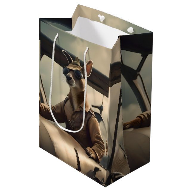 "Vintage Skies: The Kangaroo Pilot in Old Plane Medium Gift Bag (Front Angled)