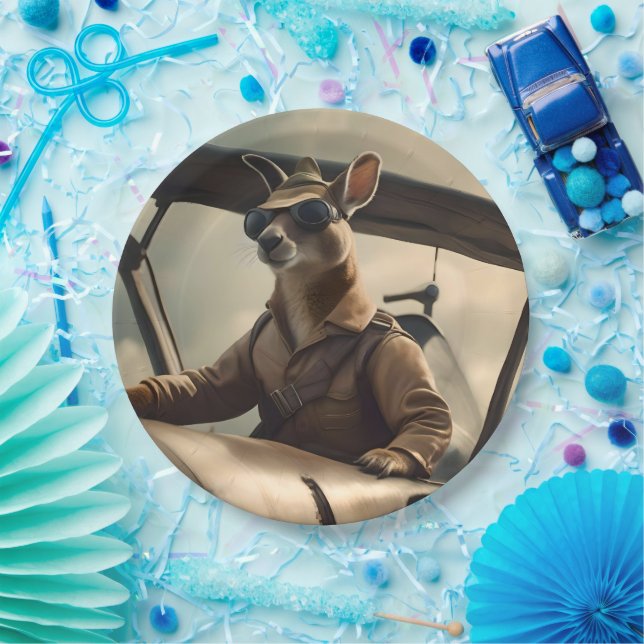 "Vintage Skies: The Kangaroo Pilot in Old Plane Paper Plate (Party)
