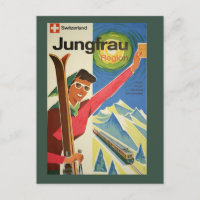 Vintage Skiing in Switzerland Travel Postcard