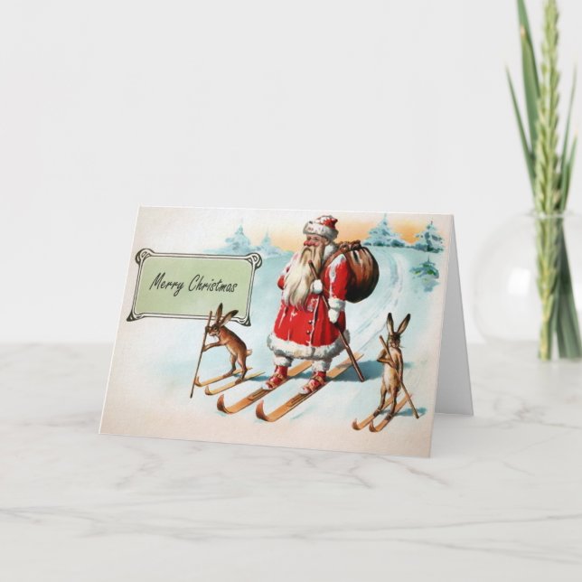 Vintage Skiing Santa Christmas Card (Front)