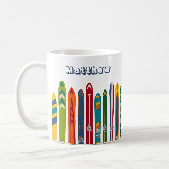 Vintage Skis Personalized Two Sided Coffee Mug (Left)