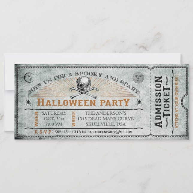 Vintage Skull and Bones Halloween Party Ticket Invitation (Front)