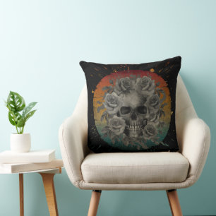 VINTAGE SKULL AND FLOWERS BLACK AND WHITE THROW PILLOW